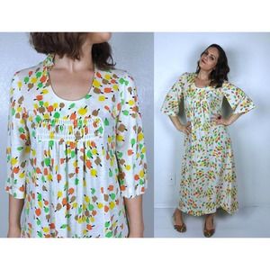 vintage 70s Colorful APPLE PRINT Maxi Dress S novelty retro groovy fruit print